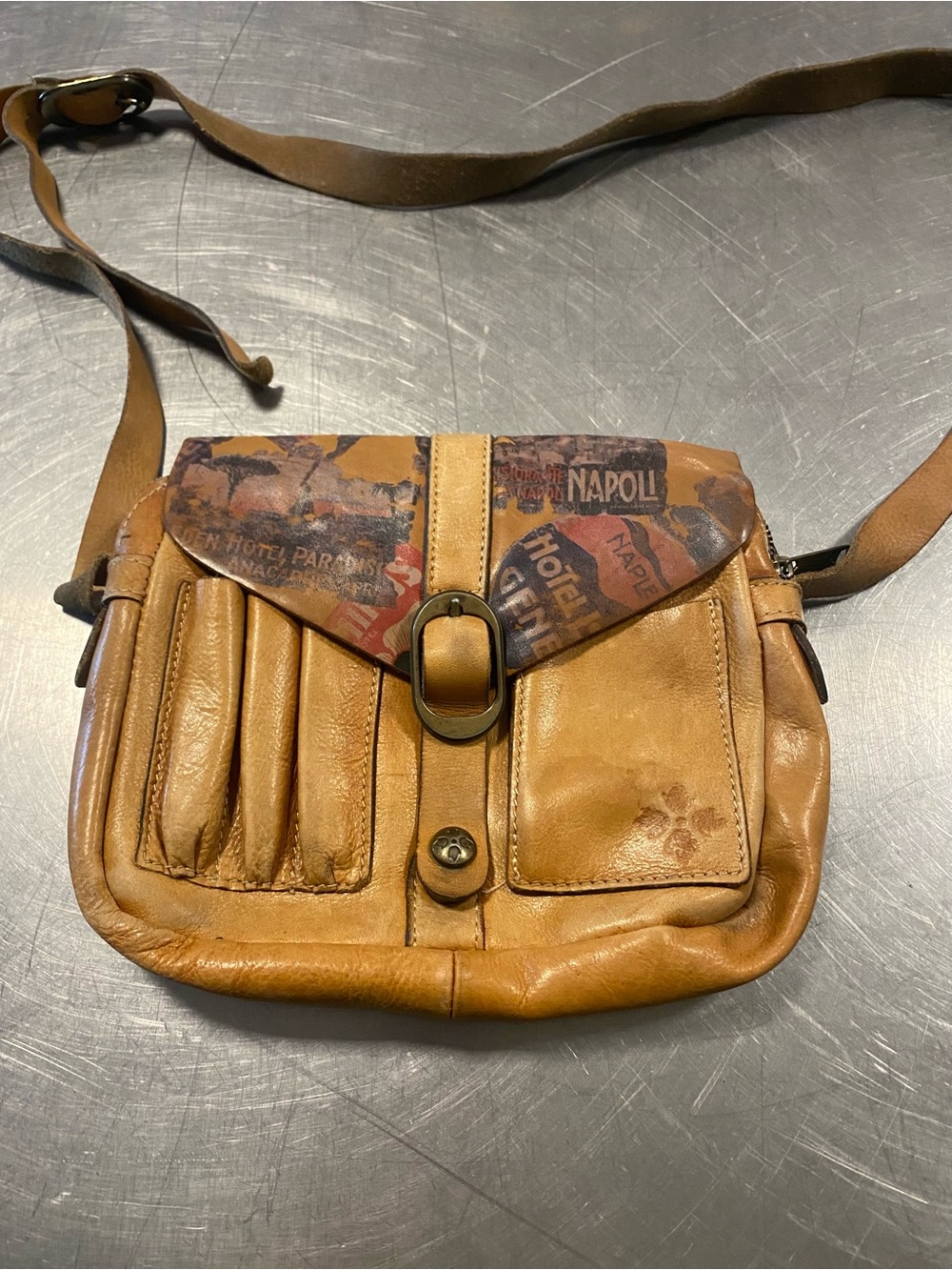 Patricia Nash Tan Leather Crossbody Bag with Printed Flap vintage look